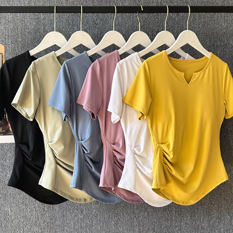 Yoga Fitness Outfit - 女性用ヨガウェア 夏用ピラティストレーニングフィットネストップ 高級スポーツランニングセット 半袖速乾Tシャツ