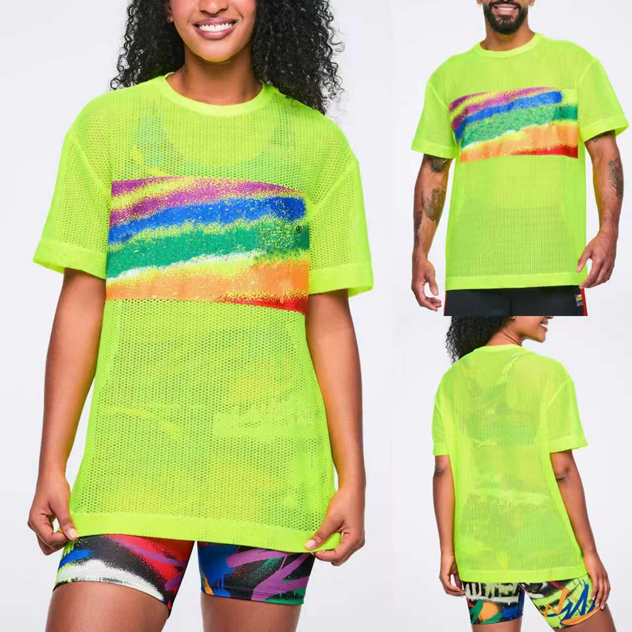 Yoga Fitness Group - 新しいフィットネスダンスウェアフィットネスヨガスポーツグループダンスメッシュストレッチ半袖Tシャツ
