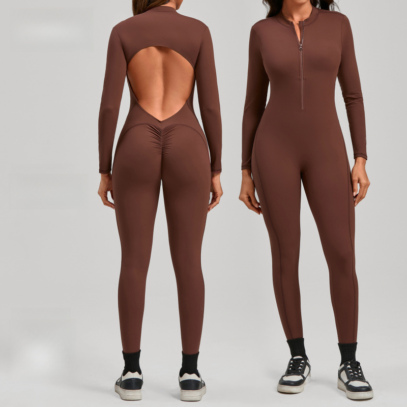 Yoga Fitness Outfit - ジッパー付き長袖ヌードフィールヨガジャンプスーツ女性用アウトドアフィットネススポーツロングパンツワンピースタイトフィット女性用衣装