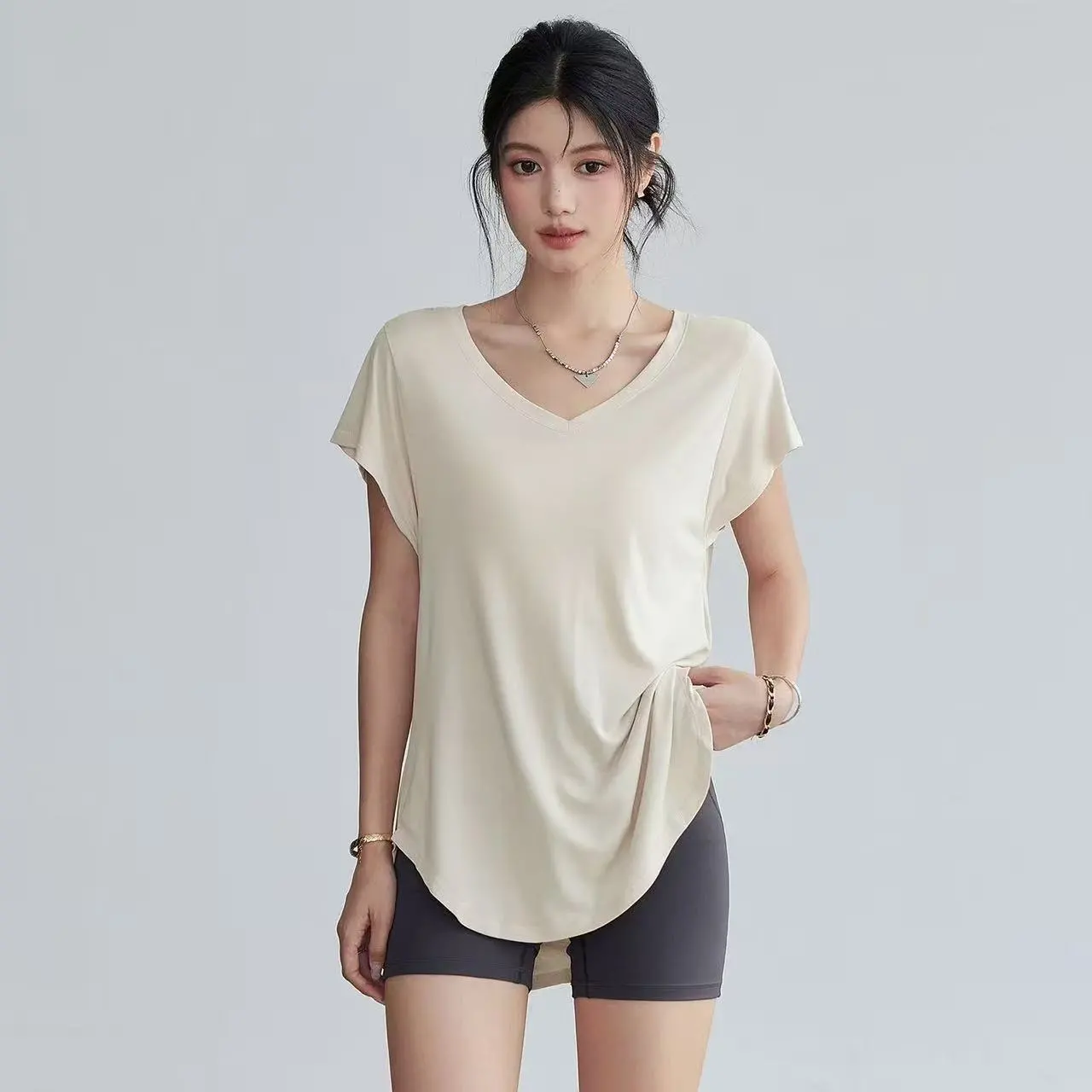 Yoga Fitness Stretching - 女性用スリムフィットラウンドネックヨガTシャツ半袖ストレッチフィットネストレーニングトップエクササイズランニングヨガヴィンテージクロップトップ